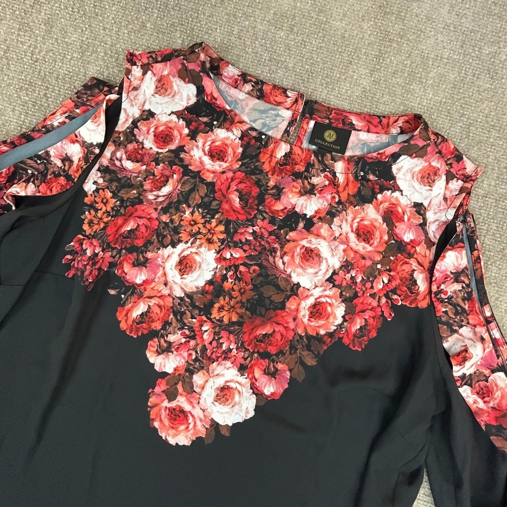 JM Collection Top Women Large Black Cold Shoulder Mixed Media Floral Relaxed Fit